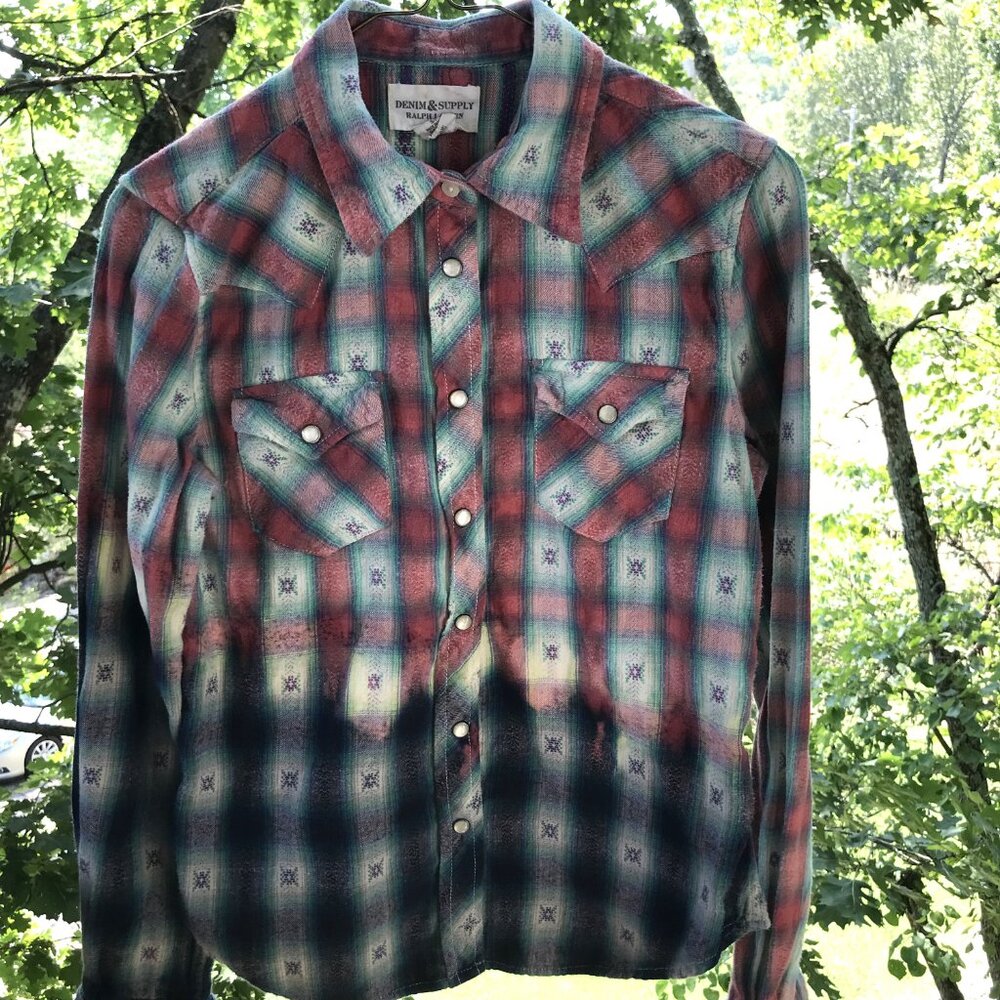 Ombre Bleached Flannel Shirt Upcycled Painted Sweater Weather Size Small - Picture 8 of 13
